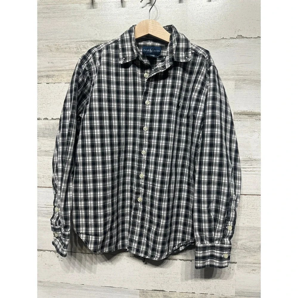 Ralph Lauren Button Down Kids Size 8/10 Black‎ White Plaid Long Sleeve EUC